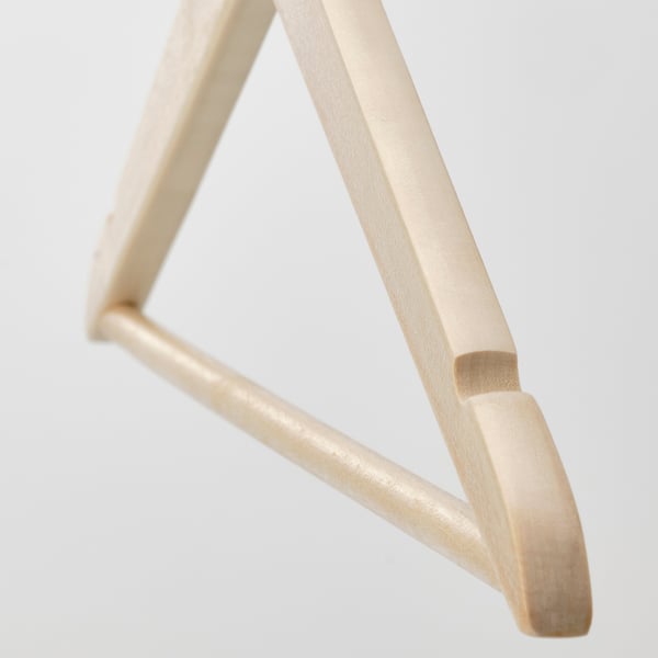 Minimalist wooden hanger with sleek design; high-quality finish showcasing smooth curves and sturdy build.