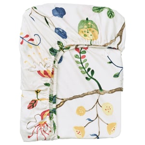 KRONBUSKE sheet: white, green/yellow/red florals, 57% cotton, 43% lyocell, fitted with elastic edges