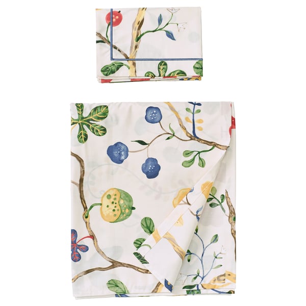 KRONBUSKE Flat sheet and pillowcase, light beige/floral pattern, 150x260/50x80 cm