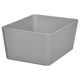 Grey rectangular storage box, empty, smooth plastic surface.