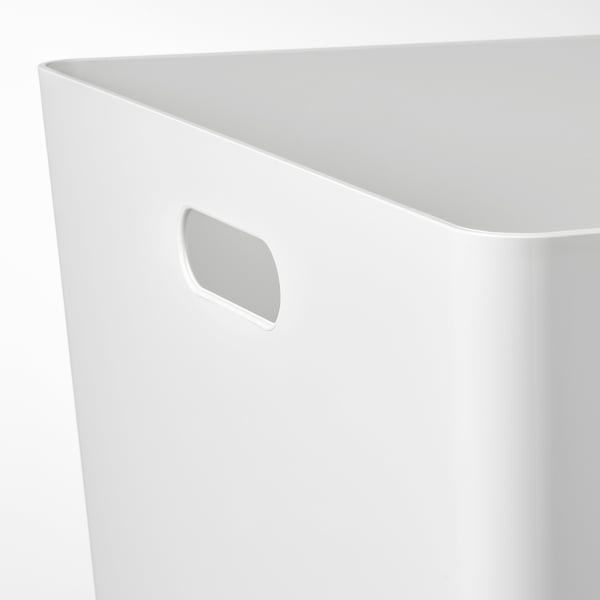 Close-up of KUGGIS large storage bin, made of durable recycled plastic, clean design with side handle.