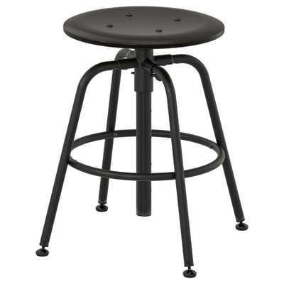 A KULLABERG black metal adjustable stool with a round seat. Its design includes a footrest ring and height-adjustable base.