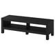 An ikea LACK tv stand in bLACK. Its rectangular, with open shelves and a sleek, modern design.