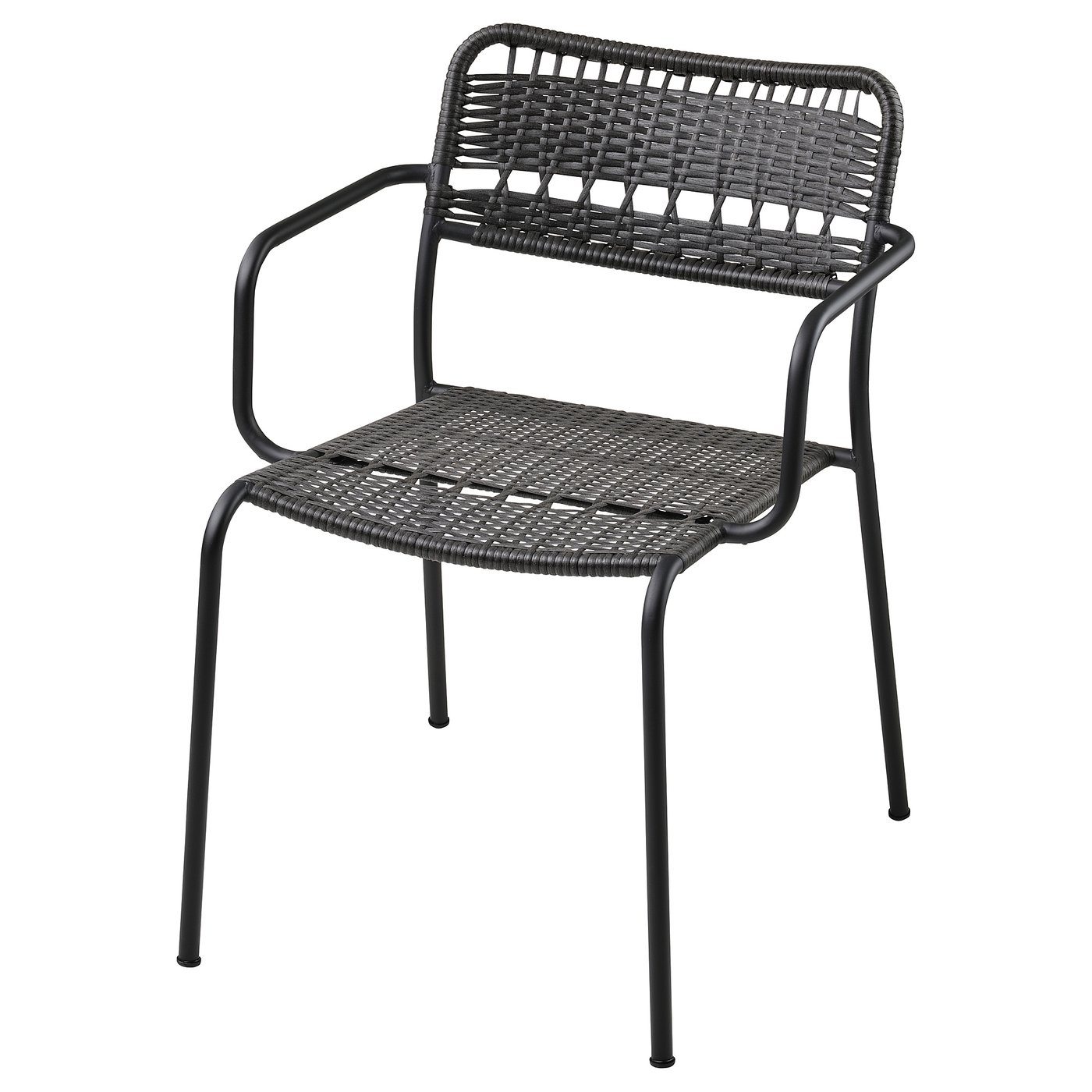 LÄCKÖ black wicker outdoor chair, featuring powder-coated steel arms and legs, with handwoven plastic rattan seat and back.