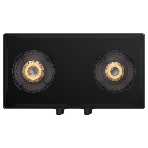 Black, rectangular gas hob with two burners and control knobs at the front.