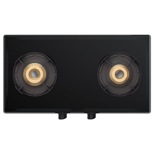 Black, rectangular gas hob with two burners and control knobs at the front.