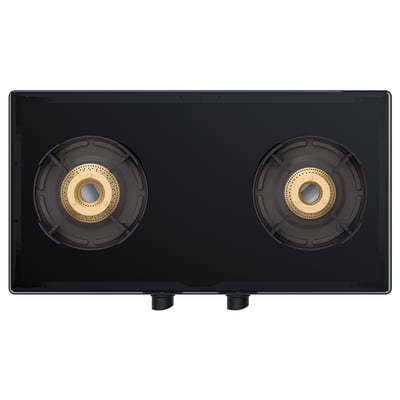 Black, rectangular gas hob with two burners and control knobs at the front.