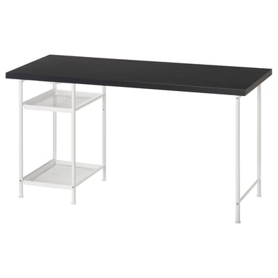 Black tabletop desk with white metal legs and shelves; modern, minimalist design.