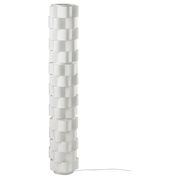 White LÅGTRYCK floor lamp, wavy shade, recycled polyester, modern design.