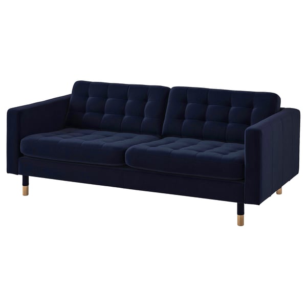 This is a LANDSKRONA sofa in dark blue, velvet. It has a tufted design, wooden legs, and a 3-seat configuration.