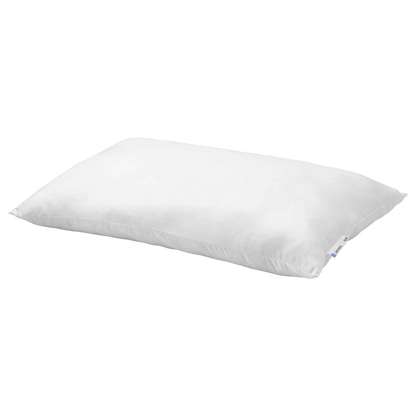 A white LAPPTÅTEL pillow, soft with a microfiber cover, rectangular shape, and filled with recycled polyester.