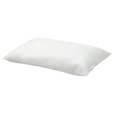 A white LAPPTÅTEL pillow, soft with a microfiber cover, rectangular shape, and filled with recycled polyester.
