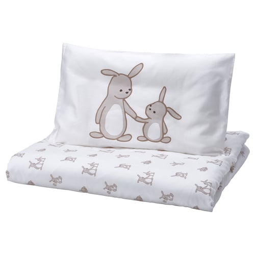 LEN Duvet cover 1 pillowcase for cot, white beige/bunny pattern, 110x125/35x55 cm