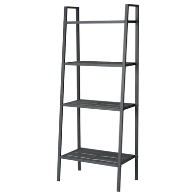 A LERBERG black metal shelving unit with three open shelves. Its sleek, minimalist design provides ample space for display and storage.