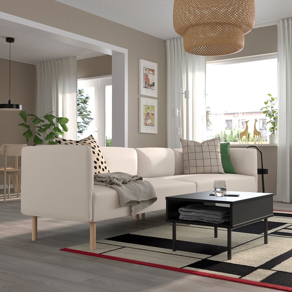 LILLEHEM sofa, coffee table, rug, pendant light, curtains, plant, cushions, wall art