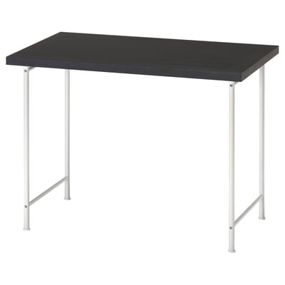 A LINNMON desk with a black top and white metal legs. It is modern, rectangular, and eco-friendly.