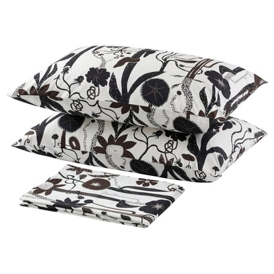 Three LUNDSKAFTING bedding items: white with dark floral pattern, soft cotton/lyocell mix, square shapes.