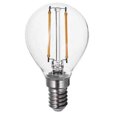 Ikea LUNNOM bulb, clear, globe shape, energy-efficient led, warm white light.