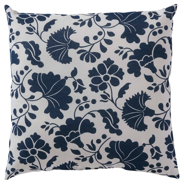 Square MAGNVOR pillow, white with blue floral print, huggable recycled polyester filling.