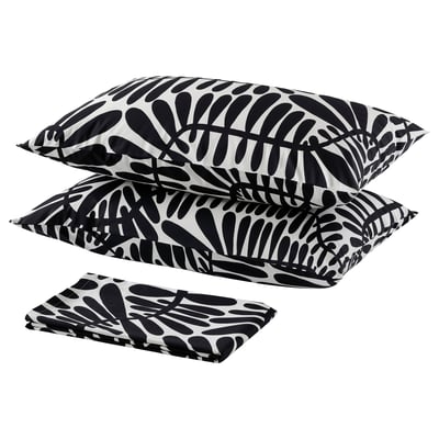 Leaf-patterned pillows & folded sheet, MAJSMOTT bedding set.