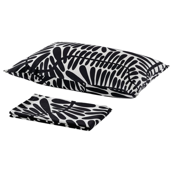 Black & white patterned bed sheet set, featuring leaf design, rectangular shape, greige colour, cotton-viscose material.