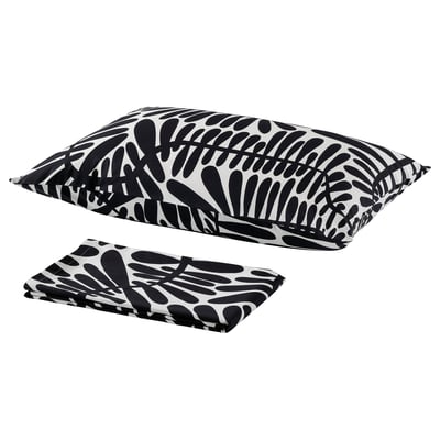 Black & white patterned bed sheet set, featuring leaf design, rectangular shape, greige colour, cotton-viscose material.
