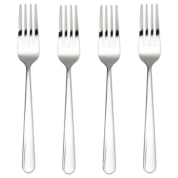 Four polished, stainless steel forks arranged in a neat row, each with four tines, displayed against a white background.