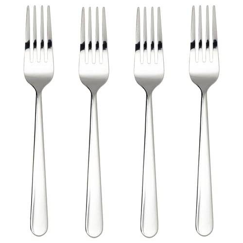 Four polished, stainless steel forks arranged in a neat row, each with four tines, displayed against a white background.