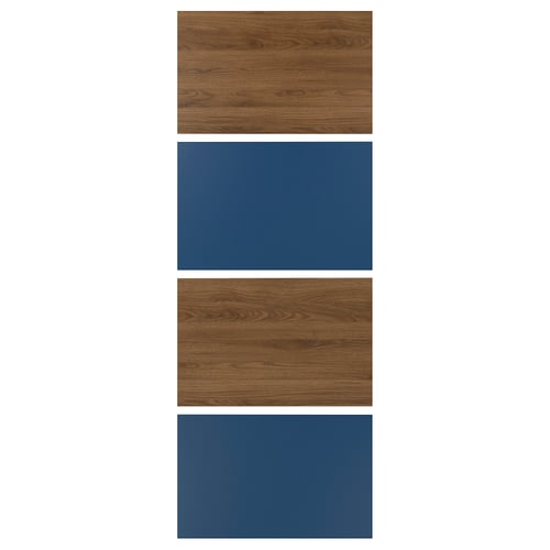 Two wooden panels with walnut effect and two blue panels displayed vertically.