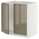 Modern kitchen cabinet, white frame with dark grey-brown glossy doors, stainless steel.