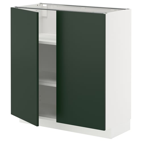 Modern METOD kitchen cabinet with dark green havstorp doors, white frame, adjustable shelves, sturdy particleboard construction.