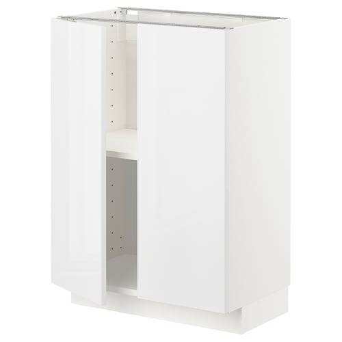 Modern white METOD kitchen cabinet, glossy finish, 3 shelves, square shape.