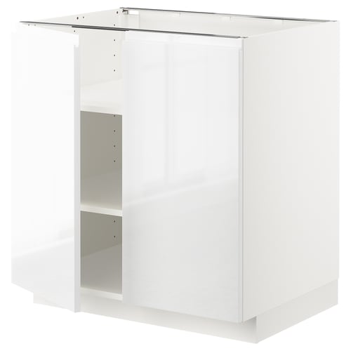 White METOD kitchen cabinet, high gloss finish, square shape, adjustable shelves, modern design.