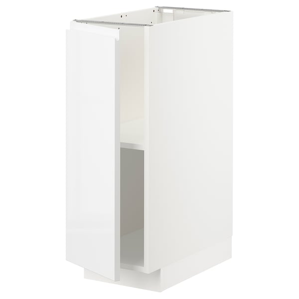 A white METOD kitchen cabinet with a glossy finish and adjustable shelves.