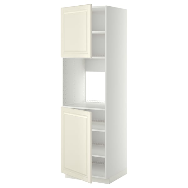 White METOD kitchen unit with off-white doors, adjustable shelves, and bevelled edges.
