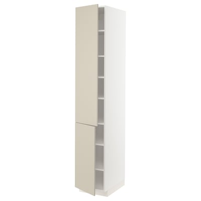 A tall, white ikea METOD kitchen cabinet with beige havstorp doors, featuring clean lines and adjustable shelves.