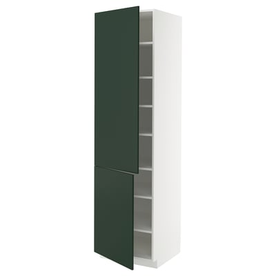METOD cabinet: tall white unit with dark green doors, modern minimalist design.