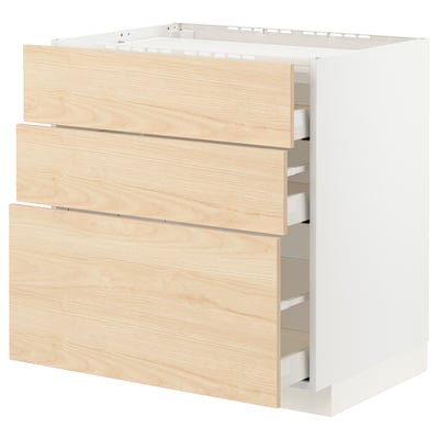 White METOD kitchen unit with light wood drawers, three drawers, modern design.