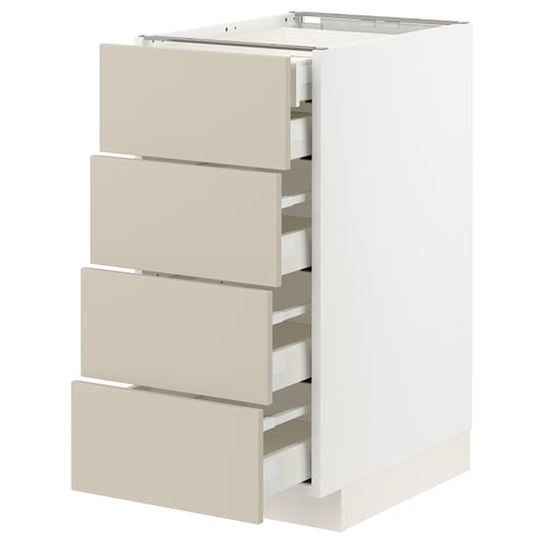 White cabinet with four beige drawers, sleek and modern design.