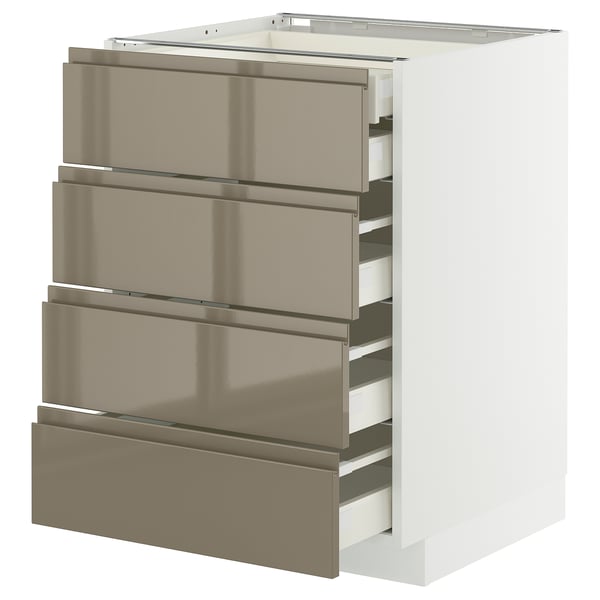 A white METOD kitchen unit with four high gloss dark grey-brown drawers featuring integrated handles.