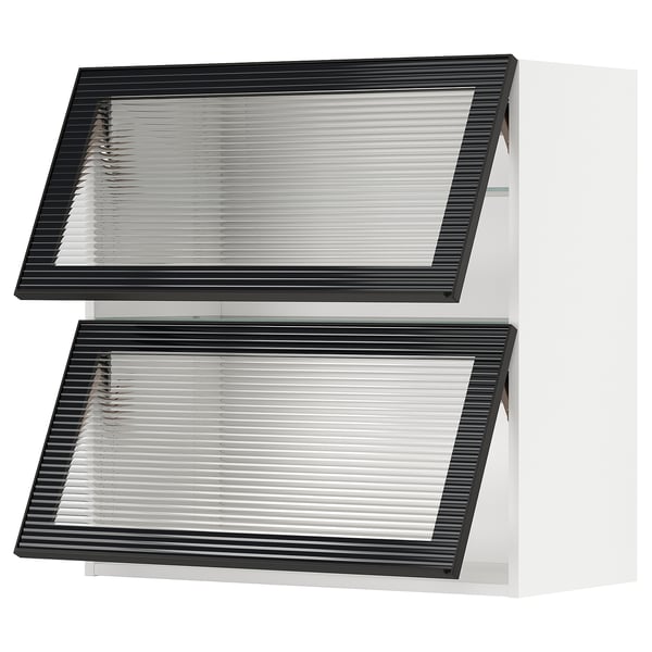 Modern black kitchen cabinet with glass doors and metal frames.