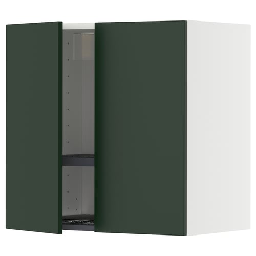 Green METOD kitchen cabinet with one open door, square shape, adjustable shelves, modern design.