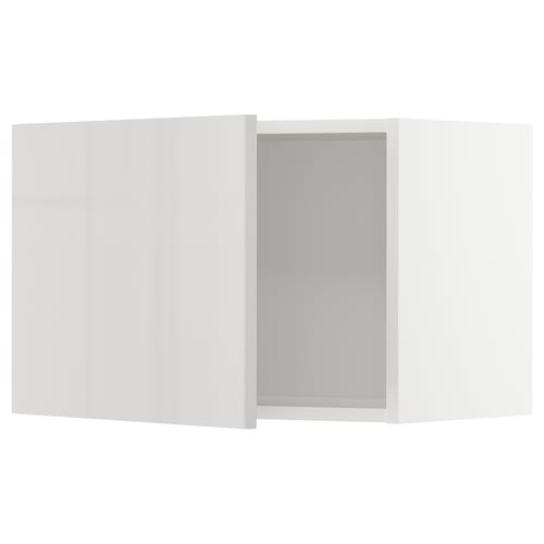 A white high gloss kitchen cabinet with a grey interior.