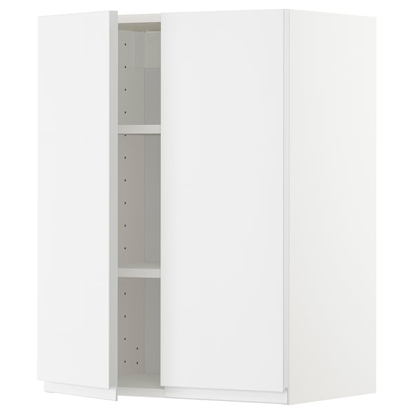 White kitchen cabinet, modern design, glossy finish, adjustable shelf, sleek appearance.