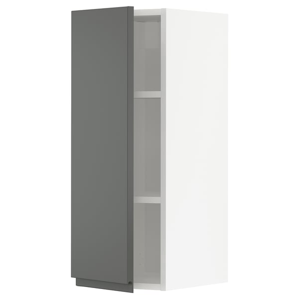 Dark grey ikea METOD wall cabinet, sleek modern design, open door showing interior shelves.