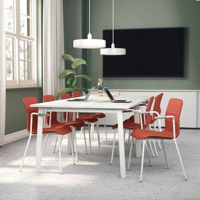 MITTZON white conference table with red chairs, modern design, wide and spacious, fits multiple people.