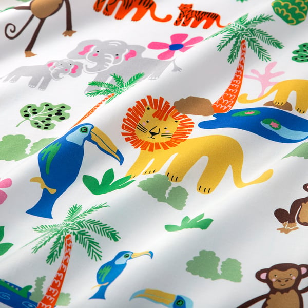 Jungle-themed bedsheet with vibrant animals; high-quality cotton blend, feels soft and smooth.