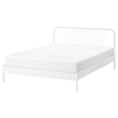 A white NESTTUN bed with a metal net-patterned headboard and a simple, sturdy design.