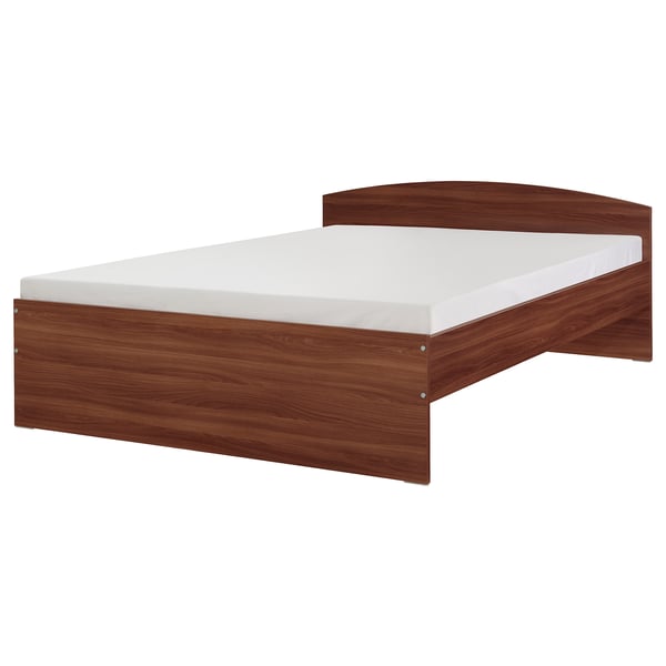 The NODELAND bed dark brown wood with a modern, minimalist design. It has adjustable sides for various mattress thicknesses.