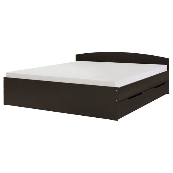 Black NODELAND bed, rectangular, with black drawers on base.